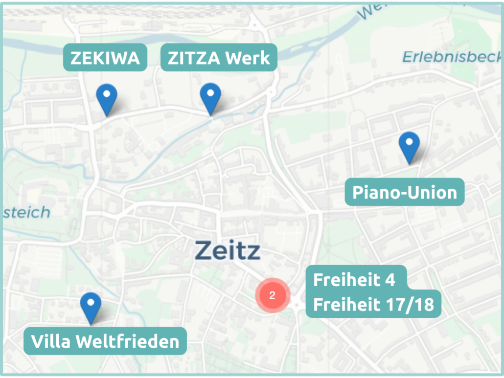 Eine Karte der Audio-Parcours Standorte in Zeitz zeigt die Standorte ZEKIWA, Zitza Werk Zeitz, ehem. VEB Piano-Union in der von-Harnack-Straße sowie die Freiheit 4 und Freiheit 17/18