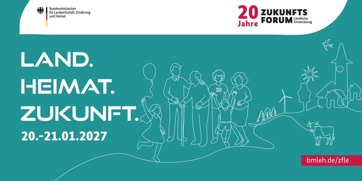 Flyer des Zukunftsforum Ländliche Entwicklung 2027 mit der Aufschrift LAND.HEIMAT.ZUKUNFT